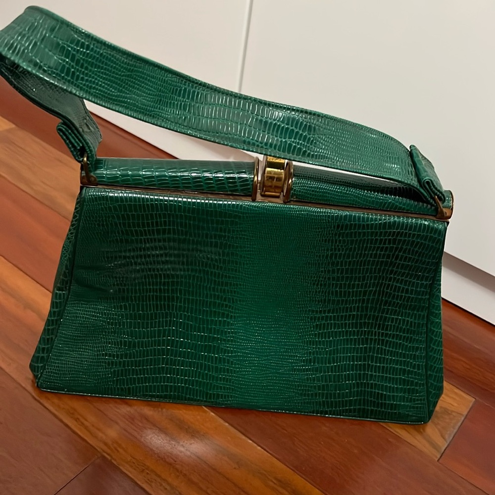 Vintage Green Handbag Purse 1950s  Designer Faux Alligator Leather
